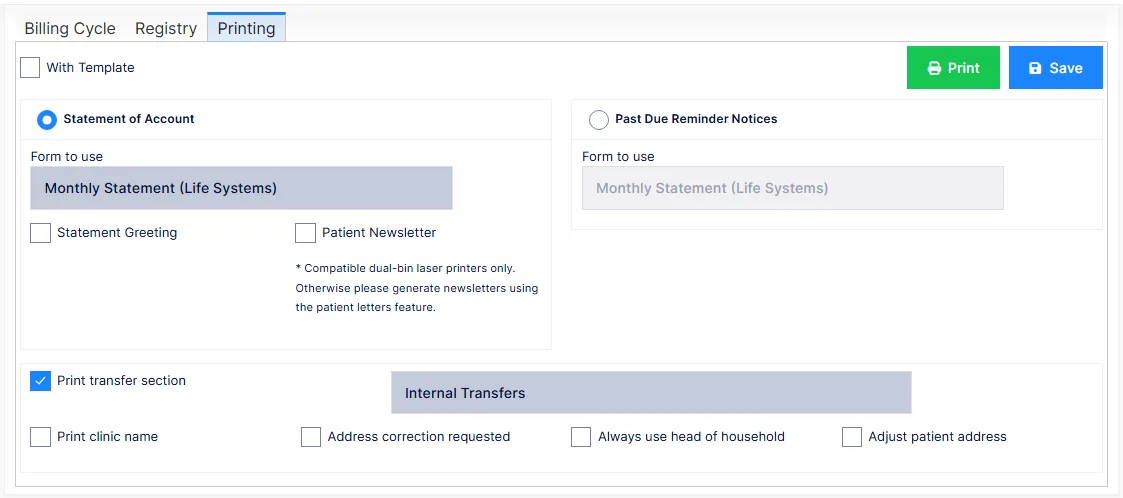 Patient Statements: the Printing tab