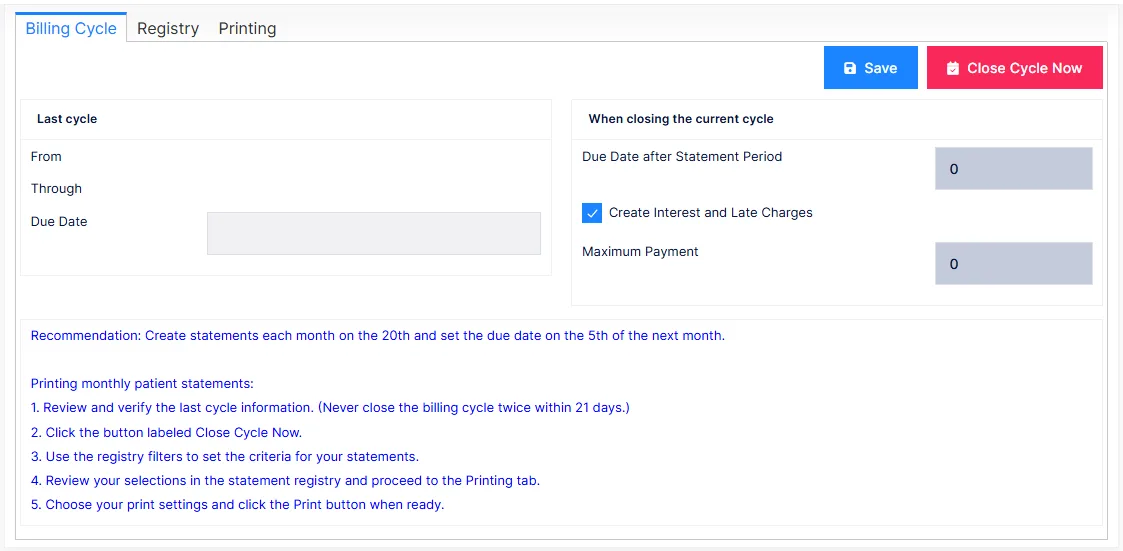 Patient Statements: the Billing Cycle tab