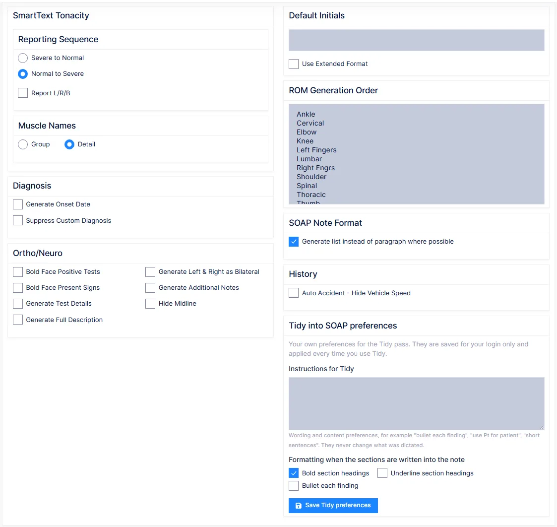 Preferences: SOAP Note — how generated notes are worded