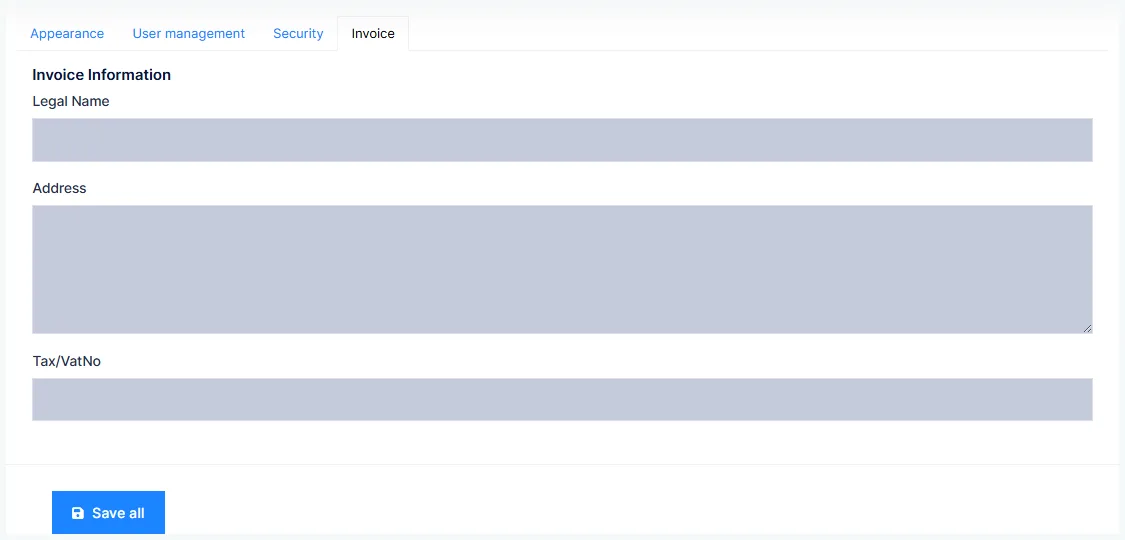 Settings: the Invoice tab