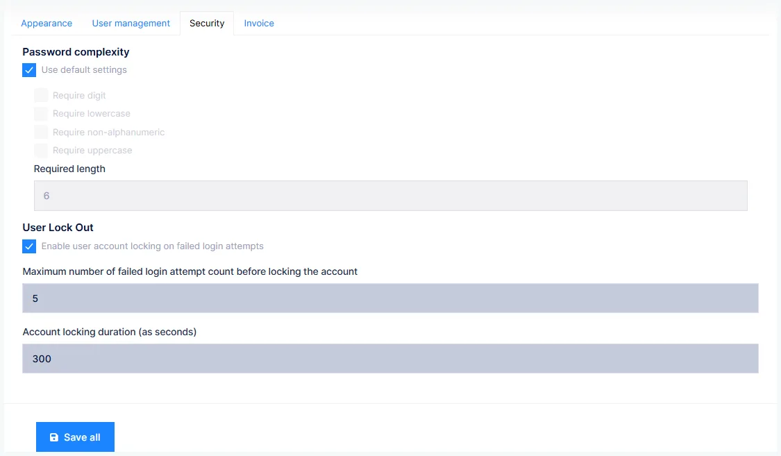 Settings: the Security tab