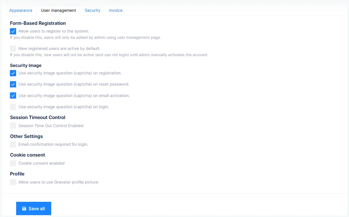 Settings: the User management tab