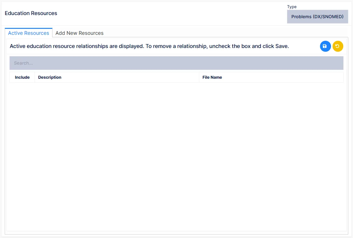 Education Resources: the type selector and the Active Resources and Add New Resources tabs