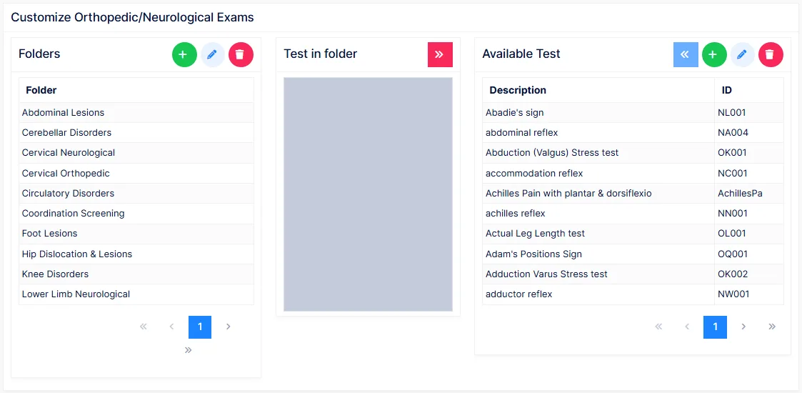 Ortho/Neuro customization: folders, the tests in the selected folder, and every available test