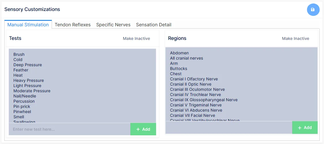 Sensory test customization with its four tabs