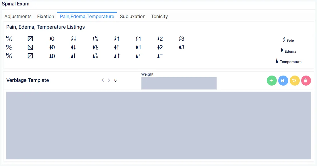 Spinal Exam customization: the Pain, Edema, Temperature tab