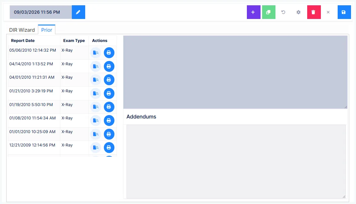 Diagnostic Imaging: the Prior tab, with the saved reports