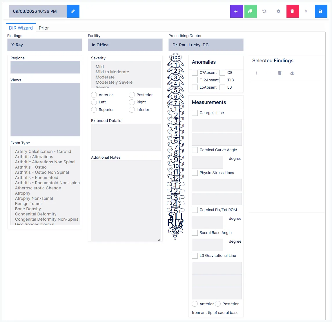 The Diagnostic Imaging screen: region, view and findings in order