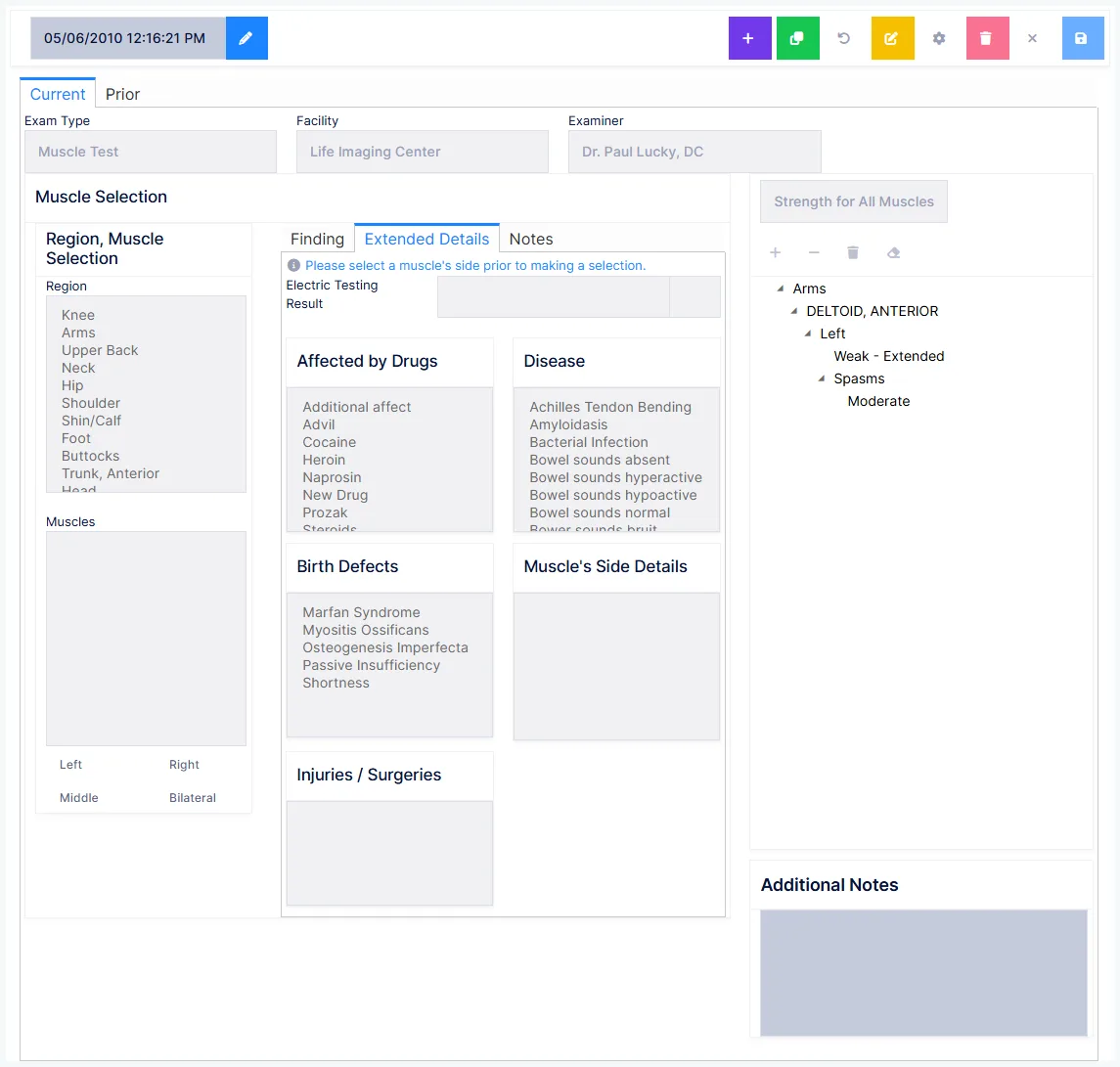 Muscle Testing: the Extended Details tab