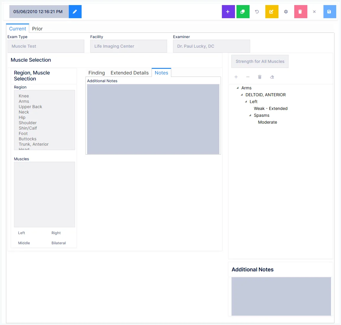 Muscle Testing: the Notes tab