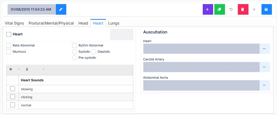 Physical exam: the Heart tab