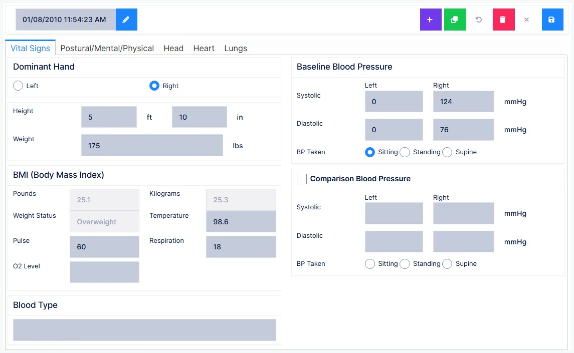 The Physical exam screen opening on Vital Signs