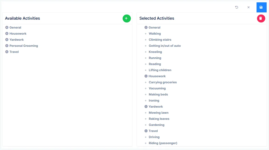 The Activities of Daily Living screen with its three lists