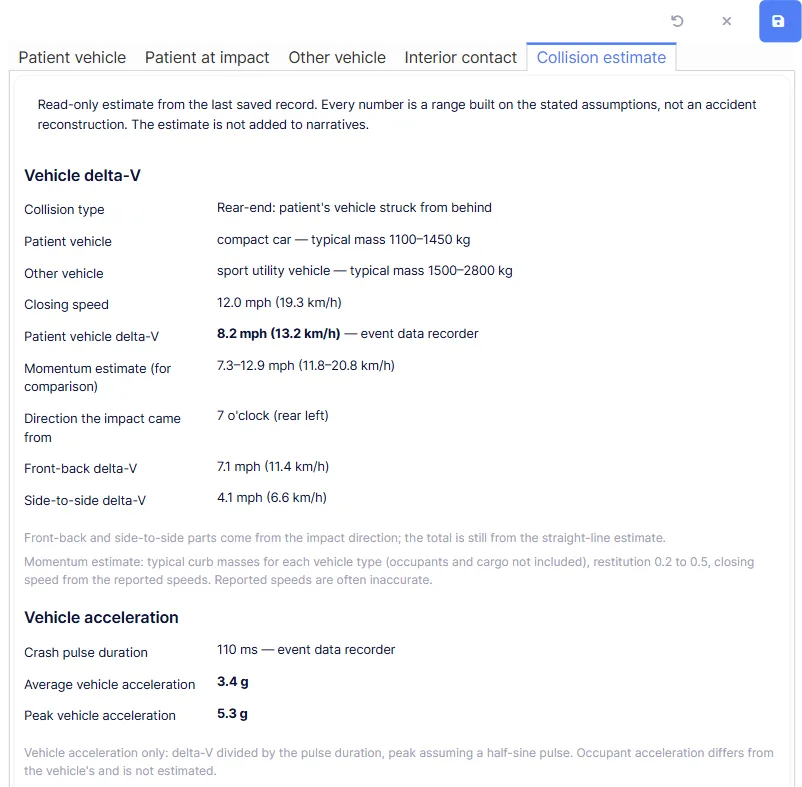 Auto Accident: the Collision estimate tab — delta-V from the event data recorder with the momentum estimate beside it, split by impact direction, and the vehicle's acceleration