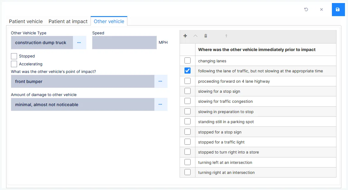 Auto Accident: the Other vehicle tab