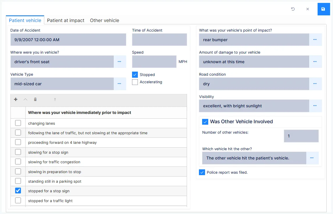 The Auto Accident history screen