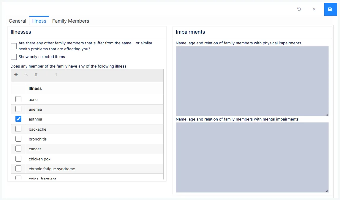 Family History: the Illness tab