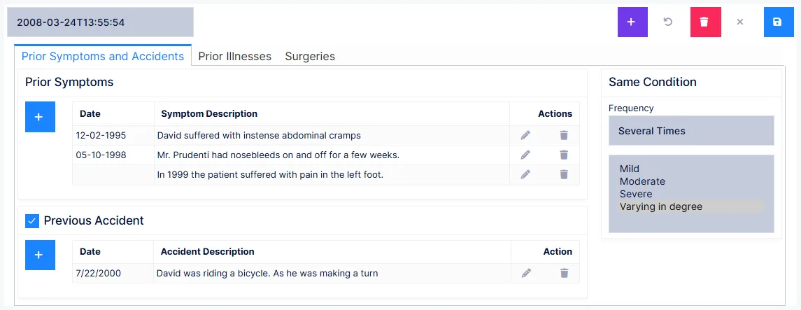 The Health History screen and its sections