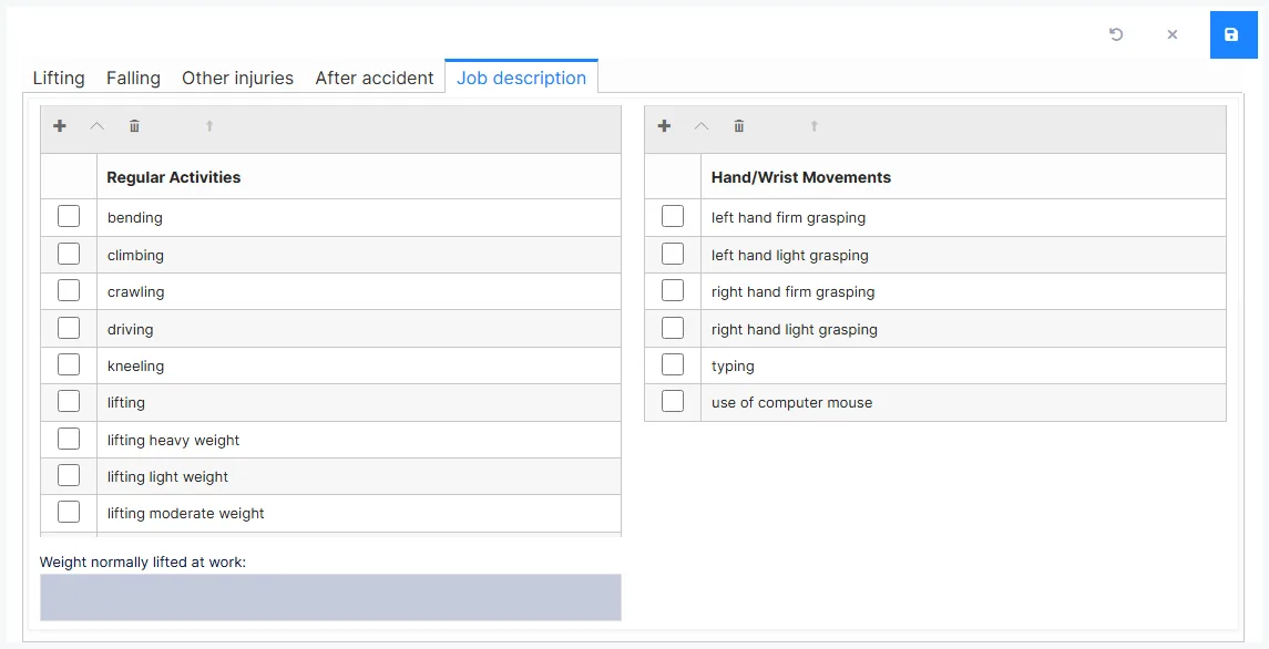 Work Injury: the Job description tab