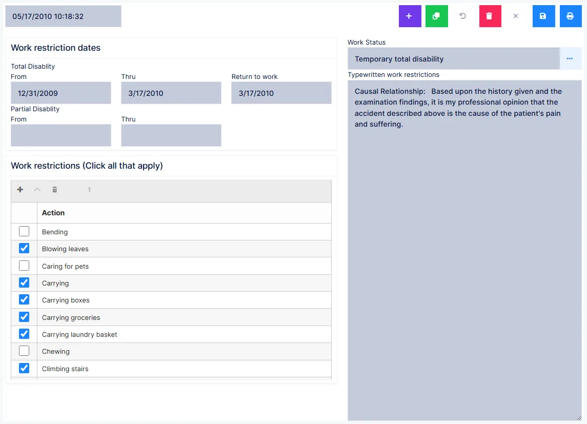 The Work Restriction screen: one dated notice at a time