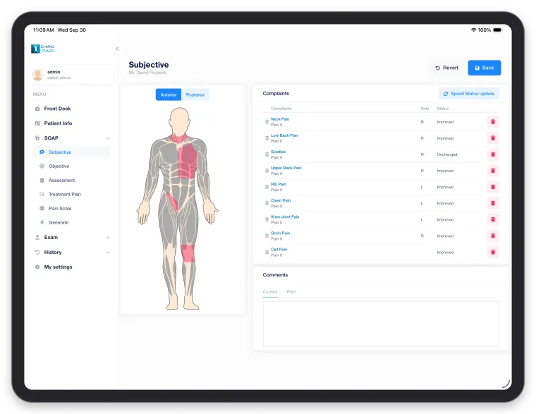 The ChiroPad mobile app on an iPad: the Subjective screen, with a body diagram beside the patient's complaint list