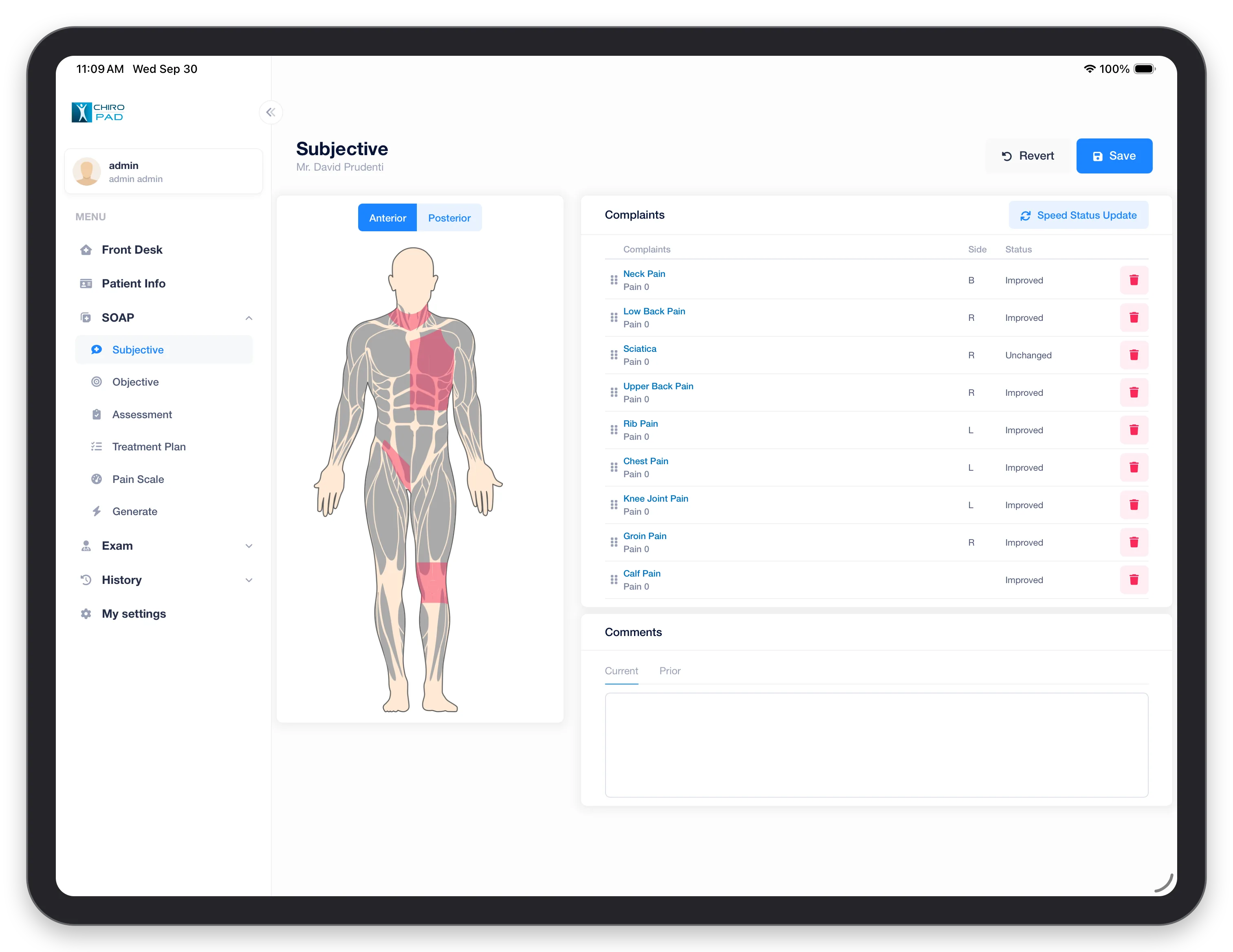 Subjective in the mobile app: the body diagram beside the patient's complaint list