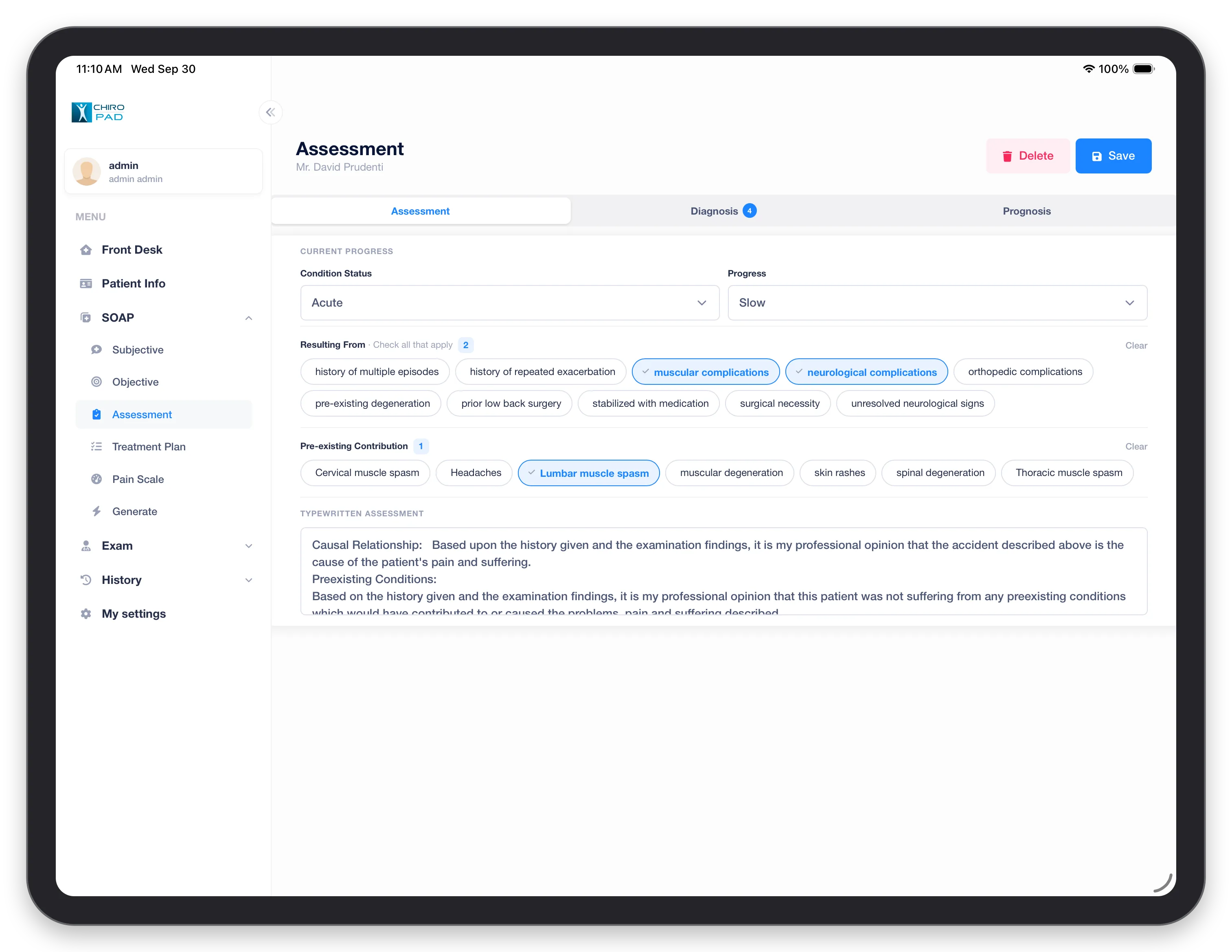 Assessment in the mobile app: condition status, progress and the Resulting From and Pre-existing Contribution choices