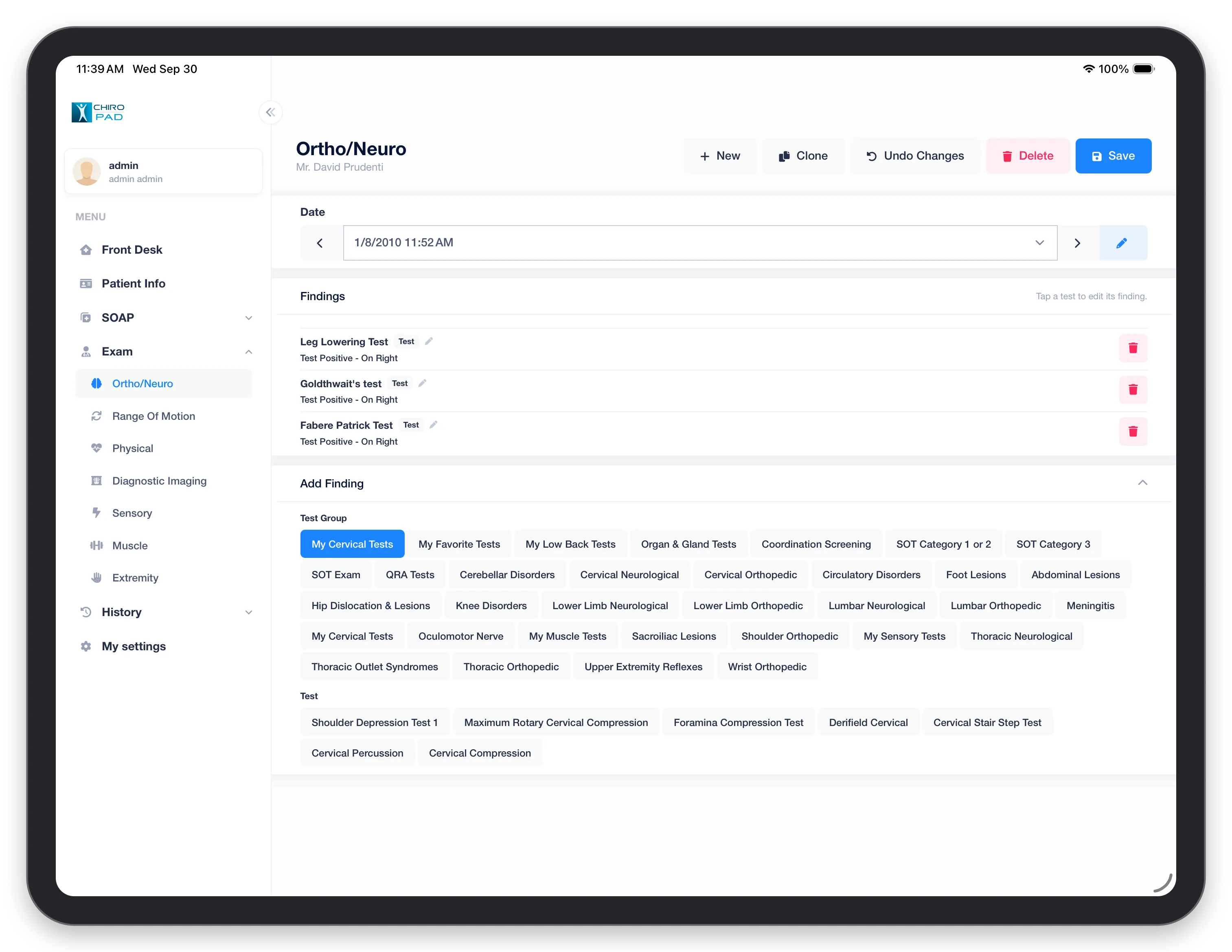 Ortho/Neuro in the mobile app: the recorded findings above the test groups and tests