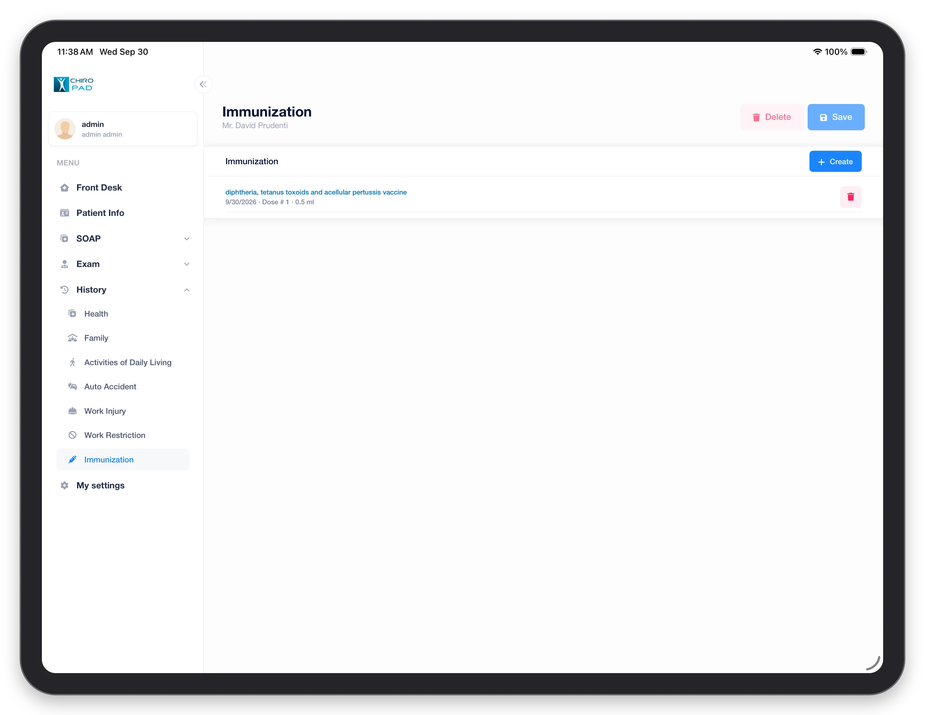 Immunization in the mobile app: a vaccine with its date, dose number and amount