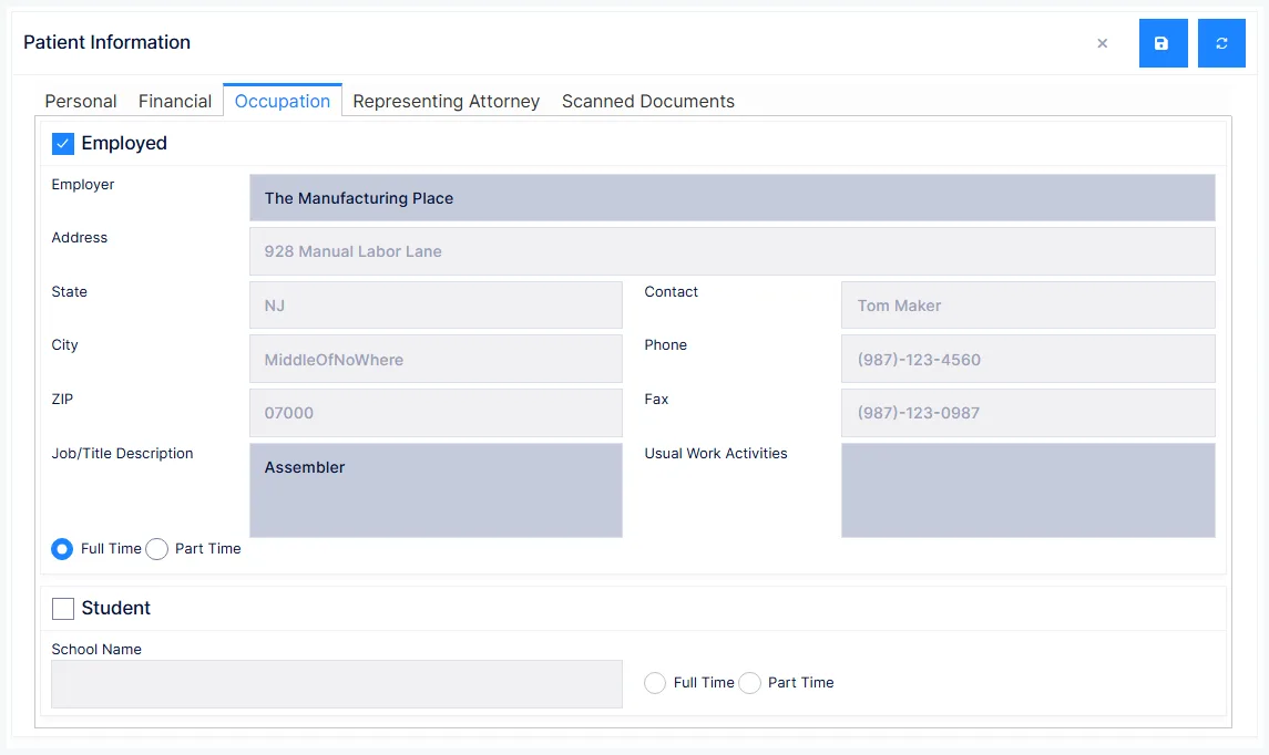 Patient Information: the Occupation tab