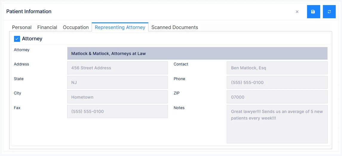 Patient Information: the Representing Attorney tab