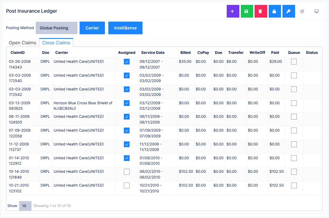Post Insurance: the Close Claims tab, where a closed claim is found and reopened