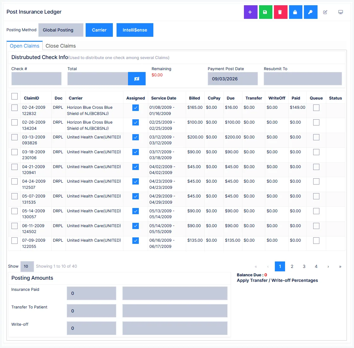 Post Insurance: the claim list and the line-item posting grid