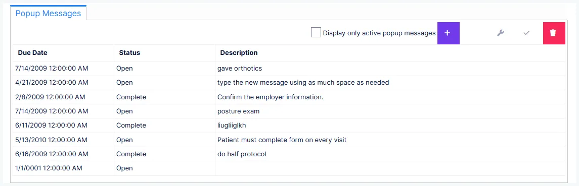 The Reminder screen: pop-up messages and projects for the open patient