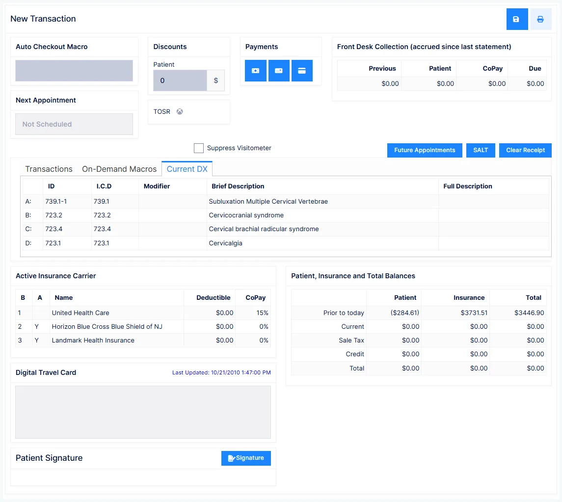 Transactions: the Current DX tab, the diagnoses the charges will point to
