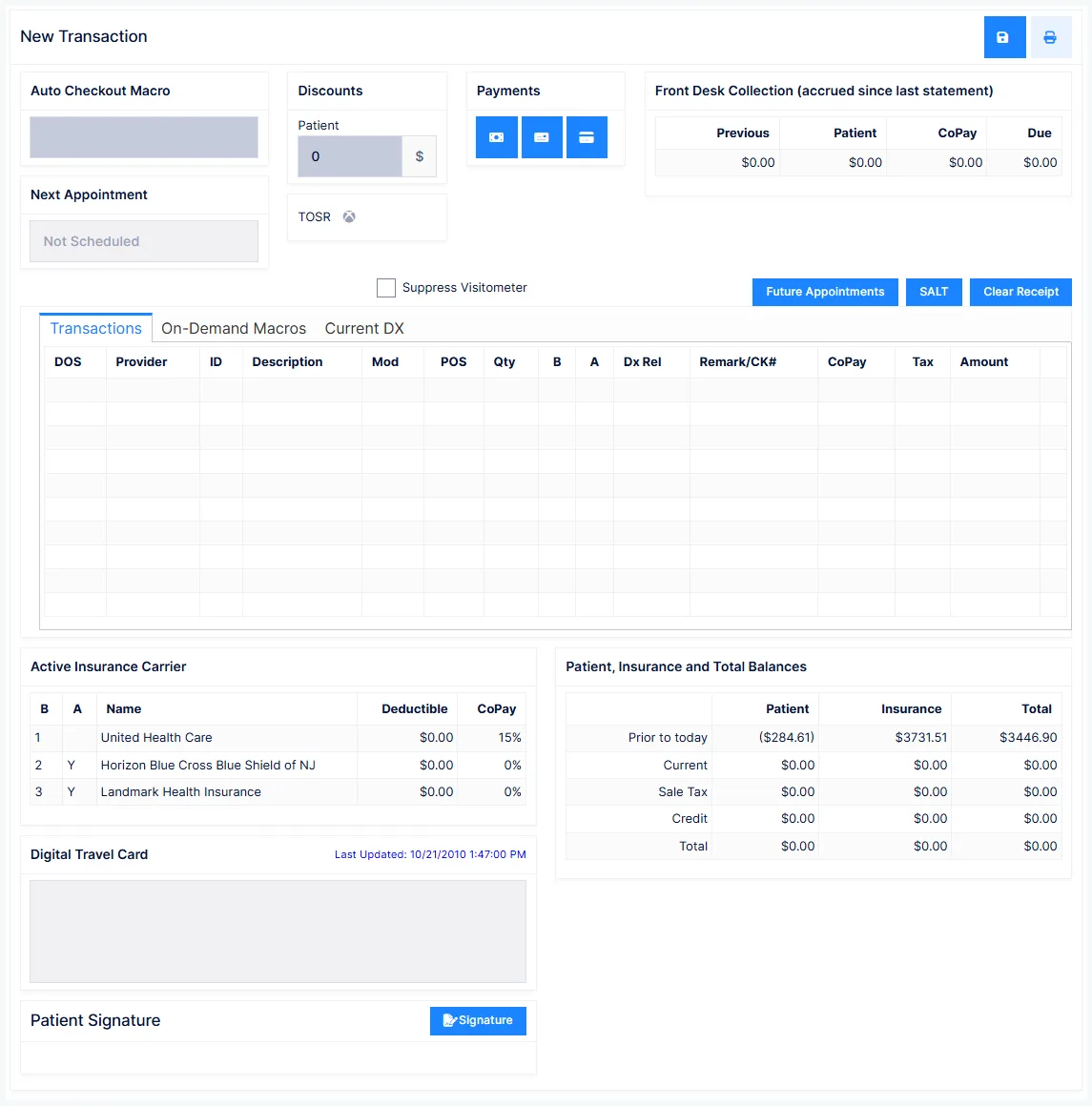 The Transactions screen: procedure entry above the transaction grid