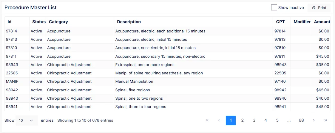 The Procedure Master List, with the Show Inactive control at the top right