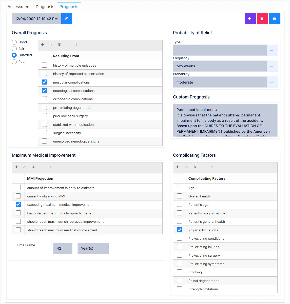 Assessment: the Prognosis tab