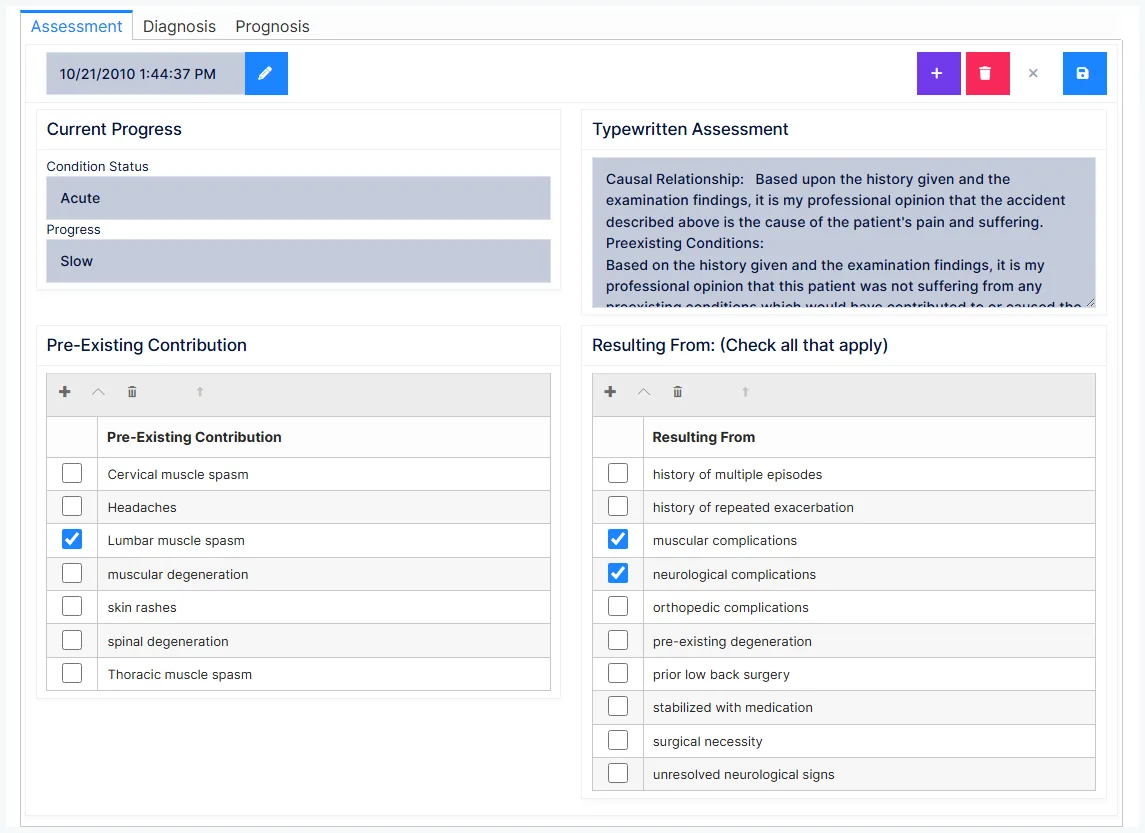 The Assessment screen with the Condition Status and Progress choices