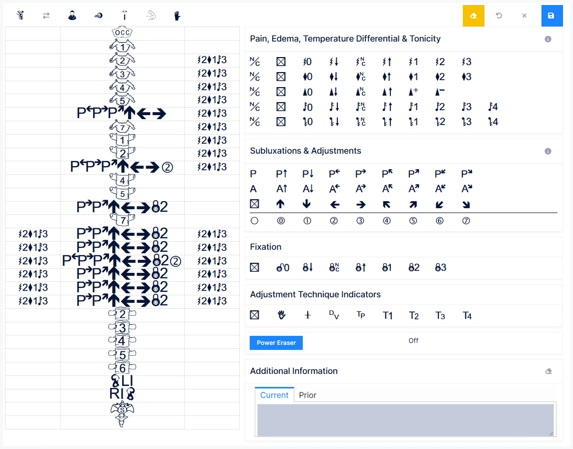 The Objective screen: the spine with its finding groups