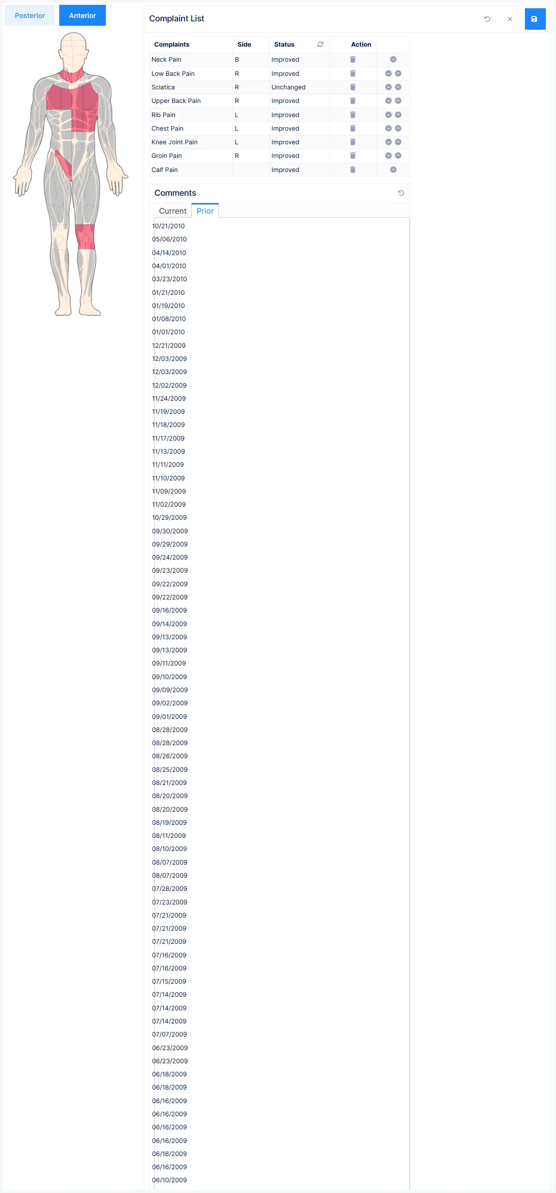 Subjective: the Prior tab, with the complaints from earlier visits